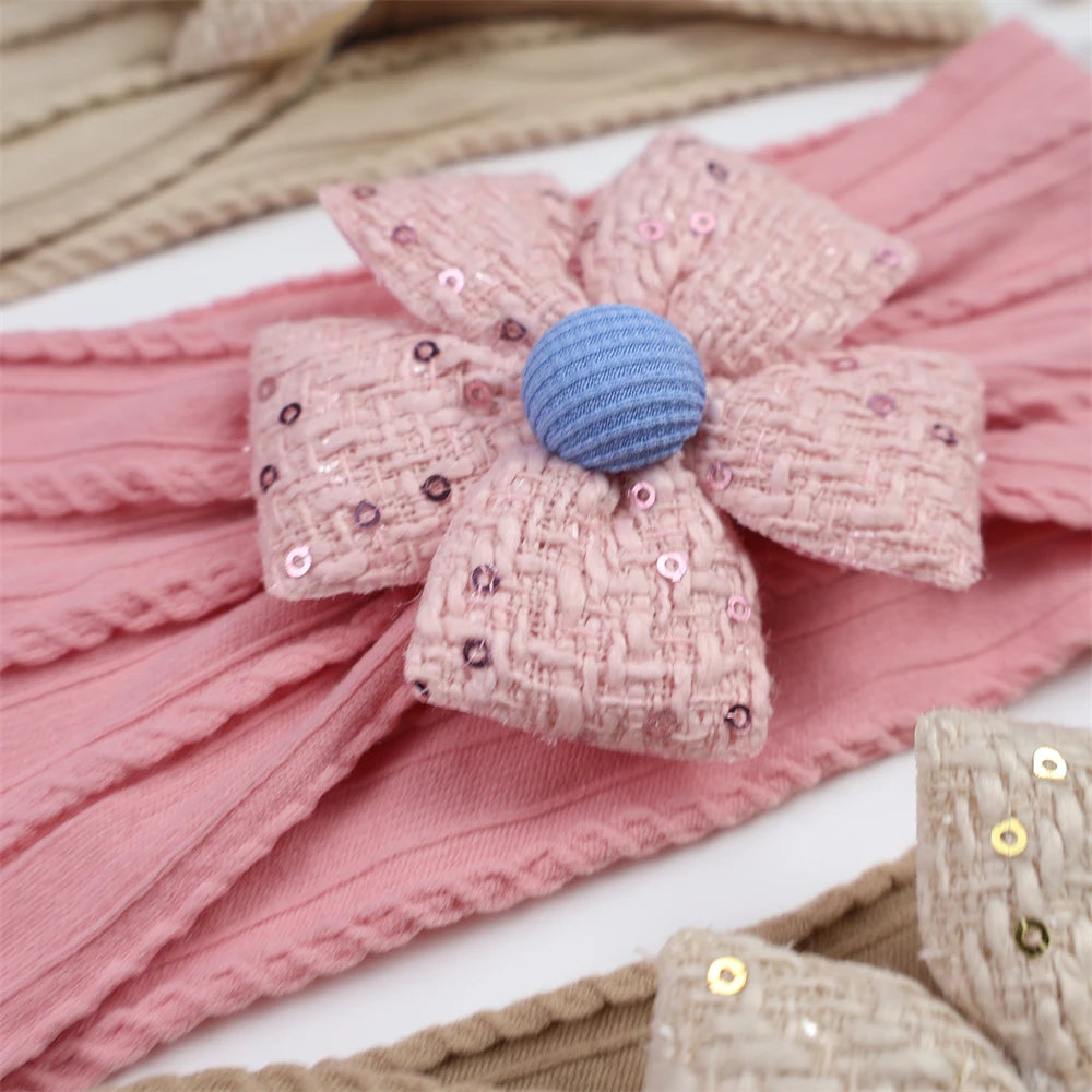 2026 New Arrival Baby Girl Flower Headband Soft Nylon Elastic Turban Sequin Tweed Bow Newborn Hairbands Toddler Hair Accessories