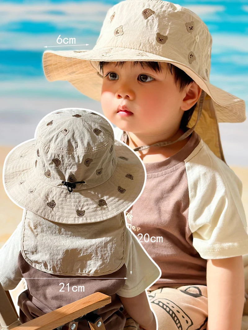 Summer Baby Sun Hat Quick-dry Beach Children Panama Cap for Girls Boys Embroidery Cartoon Kids Bucket Hats Neck Protection 1-4Y