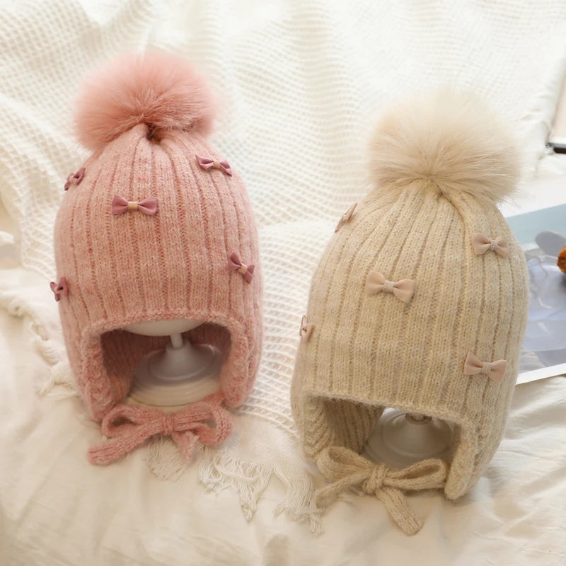 Princess Children Winter Hat for Girls Pompom Bows Kids Bonnet Hat Warm Ears Thicken Children Girl Cap Faux Fur Ball 2-6Y
