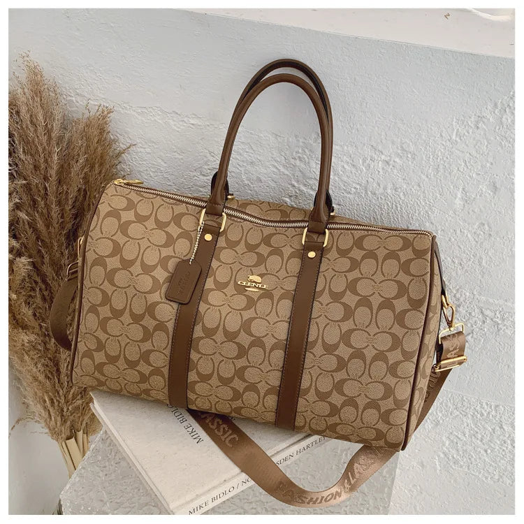 Classic Vintage Monogram Travel Duffle Bag, Trendy Versatile Overnight Weekender Bag with Top Handles & Adjustable Strap