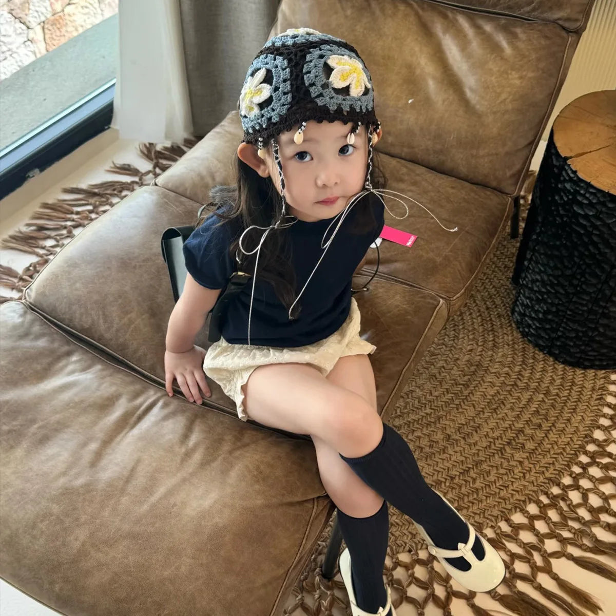 Korean-style trendy children's hat, hand-crocheted  hollow hat, outdoor breathable pullover hat, knitted hat for baby girls