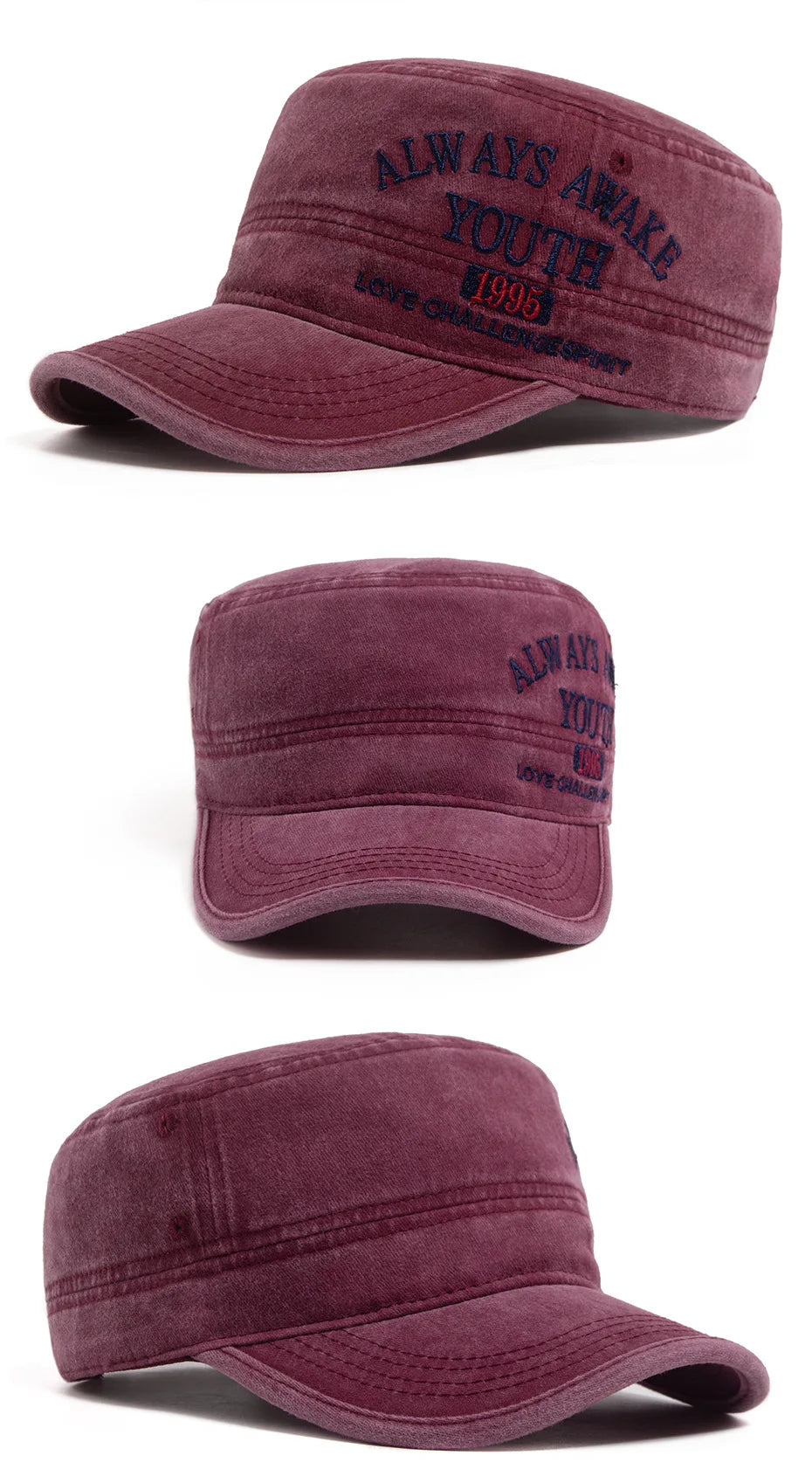 Washed Embroidered Letter Military Cap Vintage American Style Men's Flat Top Hat Sunshade Outdoor Casual Hat for Women Summer