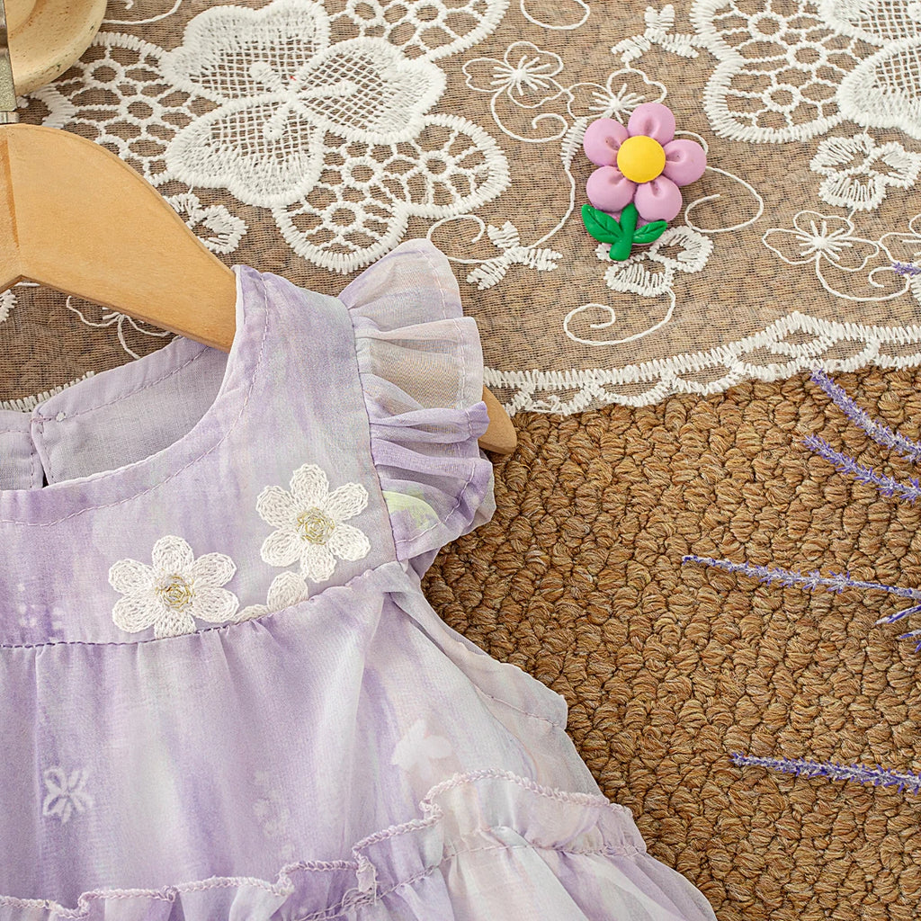 Baby Clothes for Girl Summer Fashion Floral Purple Birthday Party Baby Girl Fairy Dress Korean Style Sweet Toddler Tulle Dress