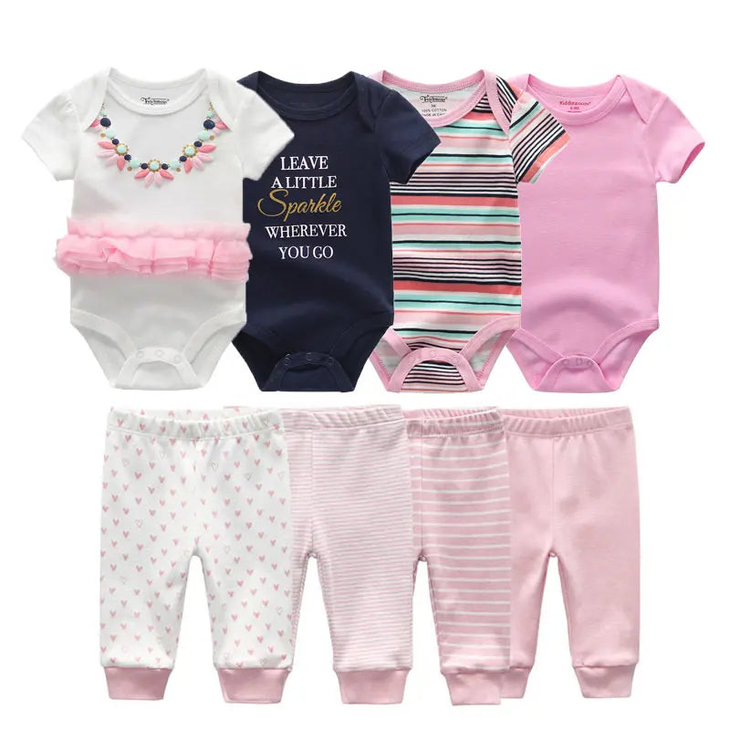 8-Piece Cartoon Baby Bodysuits and Pants Cotton Newborn Unisex Short Sleeve Onesies Trousers 0-12 Months