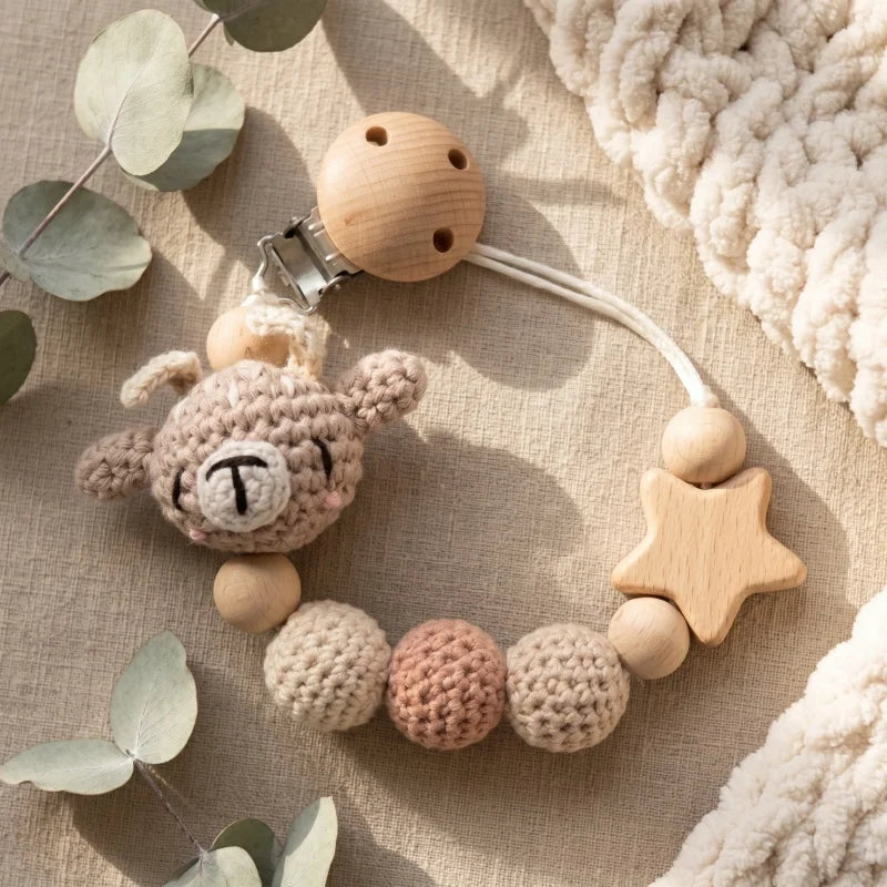 Personalized Baby Pacifier Clip with Name – Crochet Bear Wooden Star Teether Holder