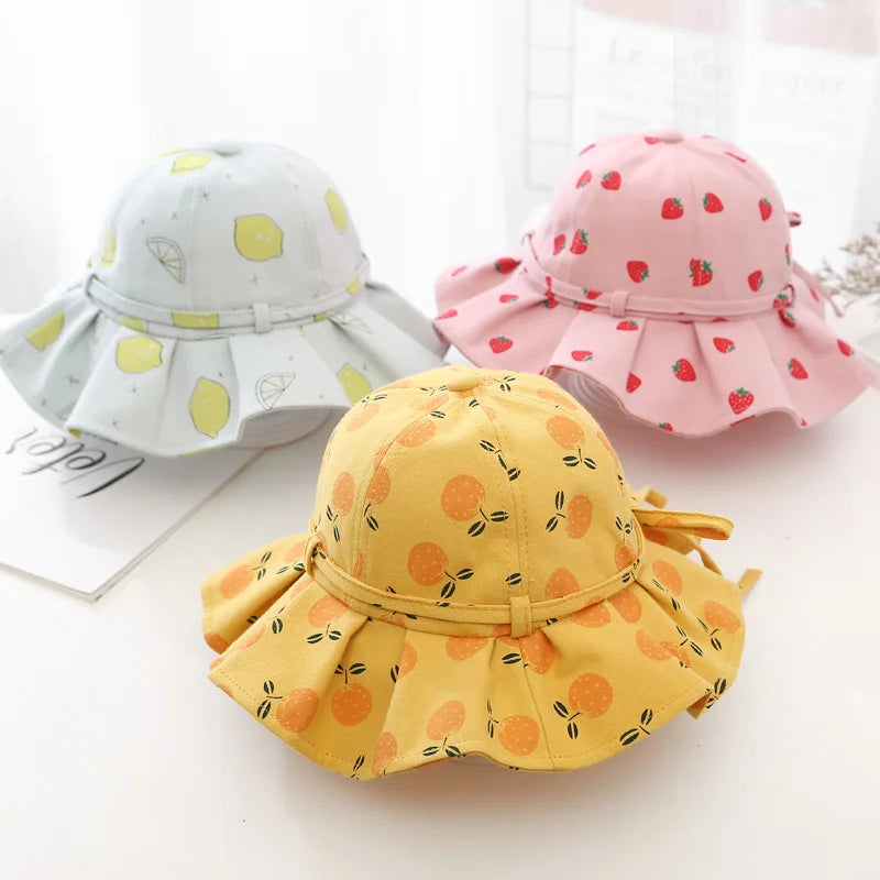 Sweet Baby Summer Hat for Girls Cotton Fruit Print Kids Bucket Hats Bowknot Princess Children Sun Cap Beach Travel 1-3Y