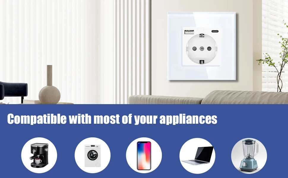 BSEED EU Standard Wall Electrical Sockets Type-C Outlets Wall Power Socket USB Charge Port Glass Panel Kids Protection 16A