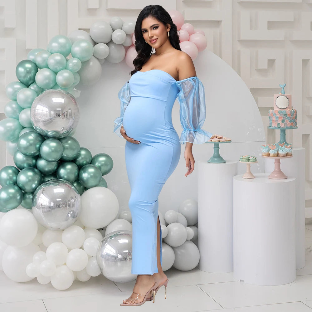 Maternity Summer Lantern Sleeves Photography Dress Off Shoulder Slim Fit Elegant Gown for Baby Shower Photoshoot