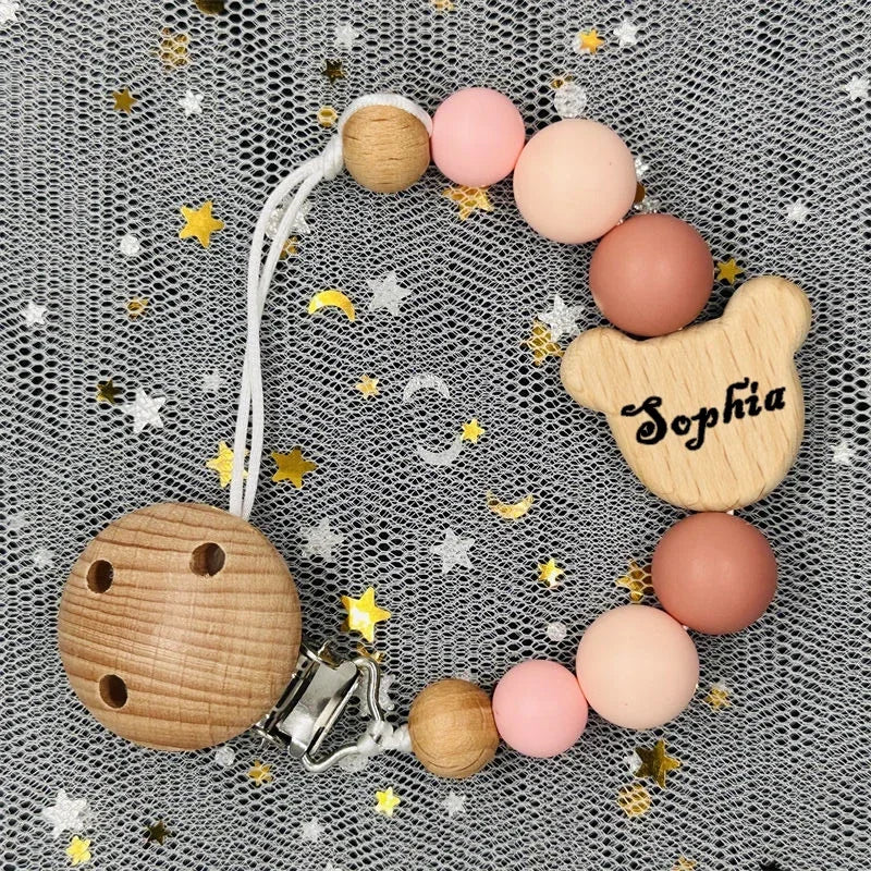 Personalized Baby Pacifier Clip with Name – Silicone Bead Dummy Holder & Teether