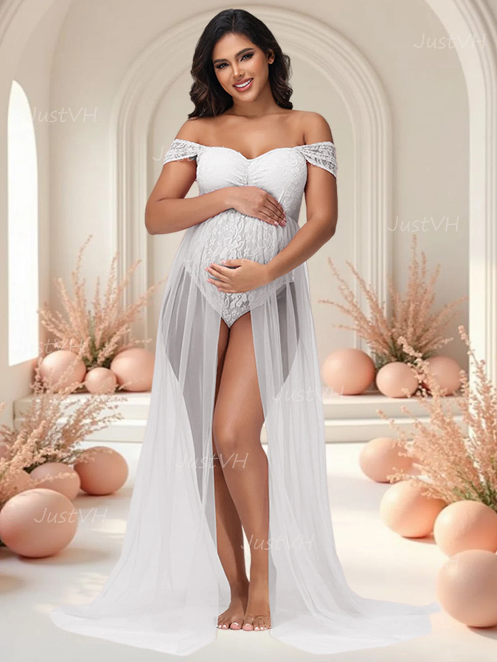 Maternity Summer Lace Off-Shoulder Bodysuit for Photoshoot with Tulle Long Sides Slit Tail Women