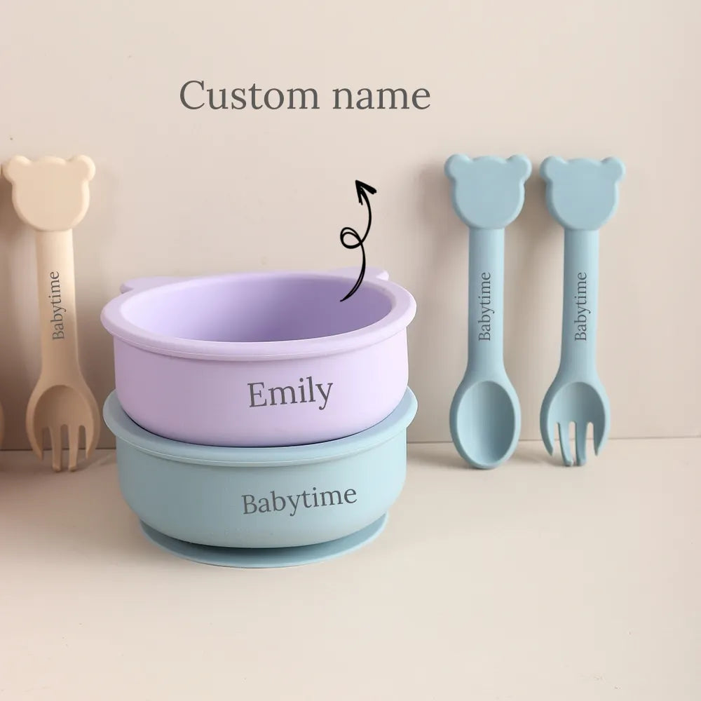 Personalized Baby Silicone Bowl with Name – 300ml Bear Suction Bowl with Spoon & Fork