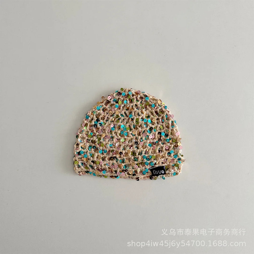 Early Autumn New Ethnic Style Sequin Hollow Knitted Pullover Hat for Girls Fashionable Stylish Fishnet Headwrap Hat