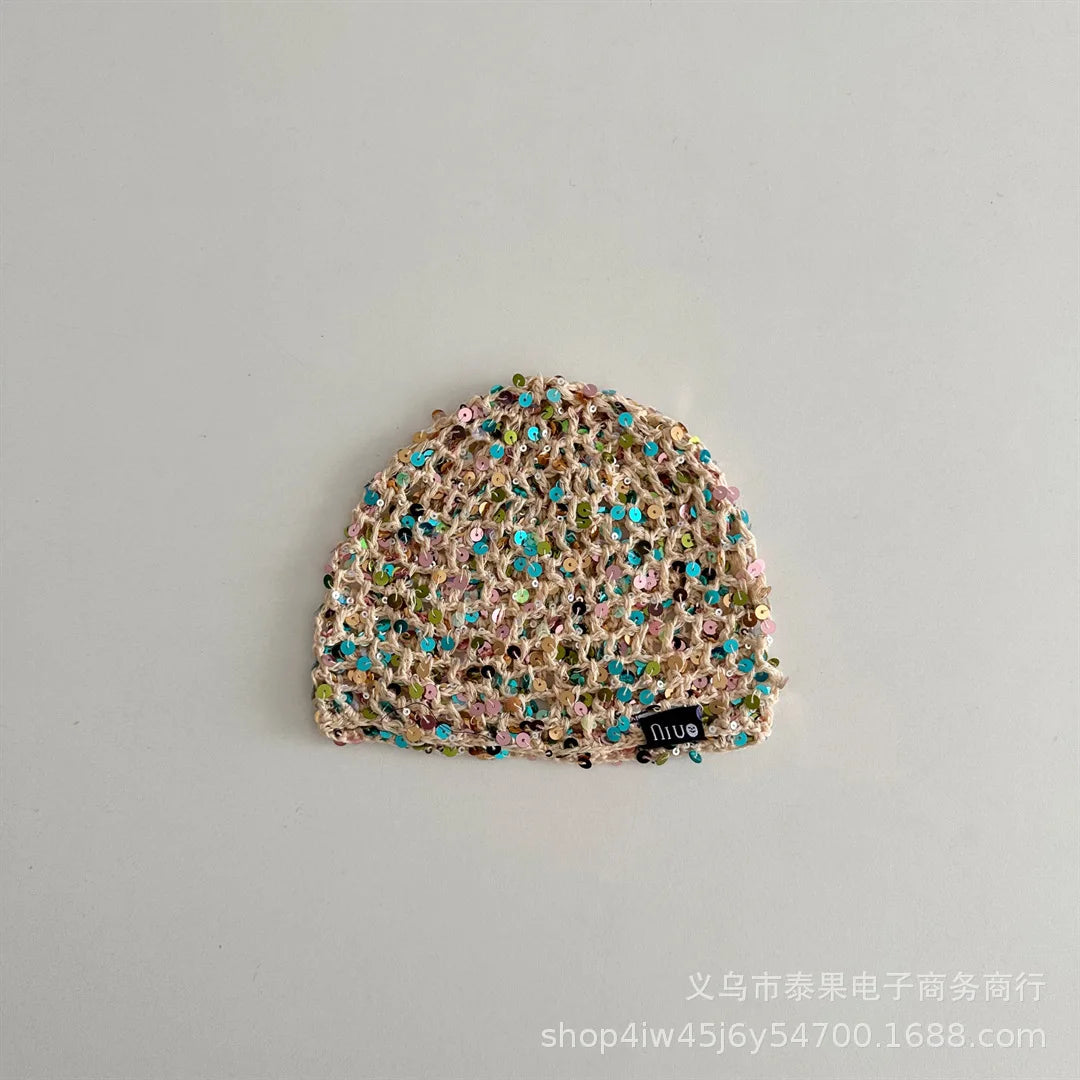 Early Autumn New Ethnic Style Sequin Hollow Knitted Pullover Hat for Girls Fashionable Stylish Fishnet Headwrap Hat