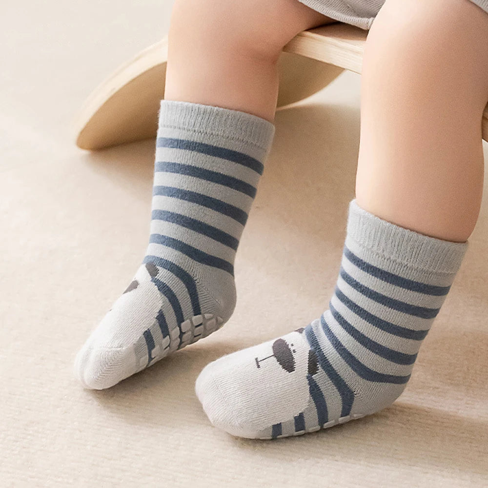 5 pairs  striped anti-slip baby floor socks, children's cartoon animal mid-calf socks, suitable for all seasons to wear