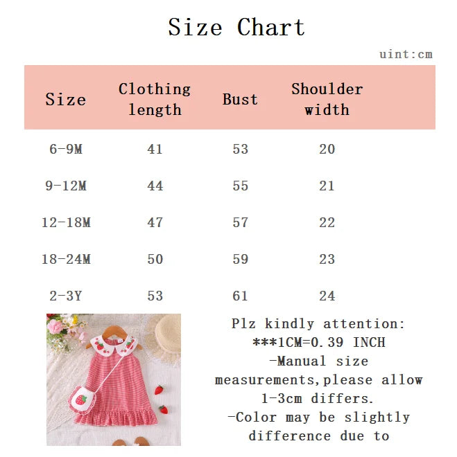 Summer Baby girl Dress Doll Collar Strawberry Printed plaid Dresses+Mini bag Set for Cute Baby girl Dresses aged 0-3 Years