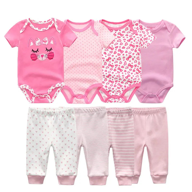 8-Piece Cartoon Baby Bodysuits and Pants Cotton Newborn Unisex Short Sleeve Onesies Trousers 0-12 Months