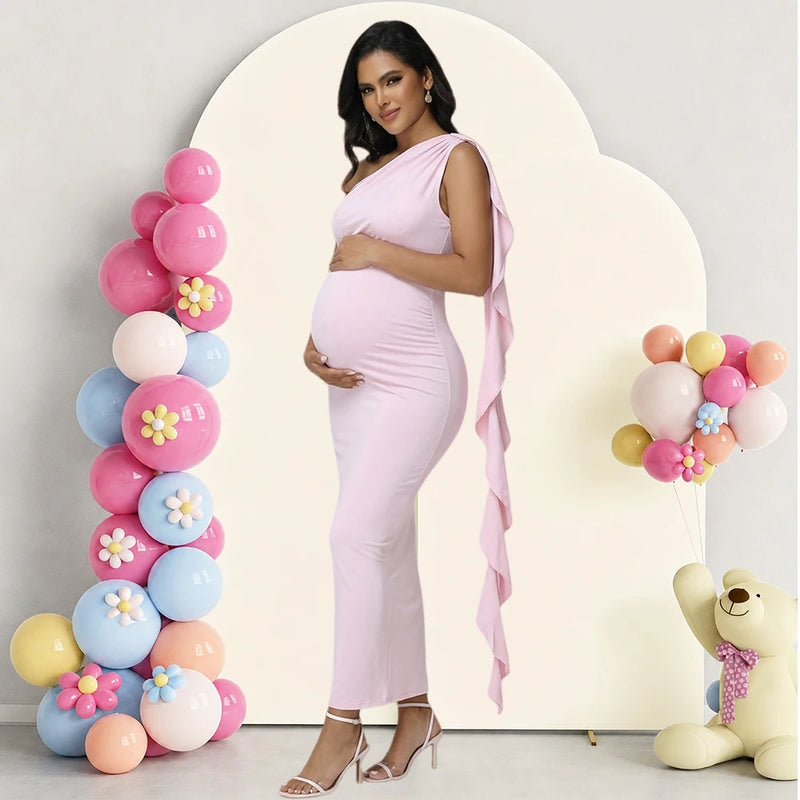 Maternity One Shoulder Ruffle Drape Baby Shower Dress Elegant Fitted Party Long Gown for Photoshoot