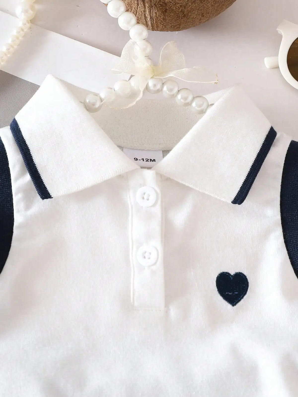 Two piece set of baby girl heart embroidered POLO collar sleeveless top and woven casual pleated short skirt with sweet and cool