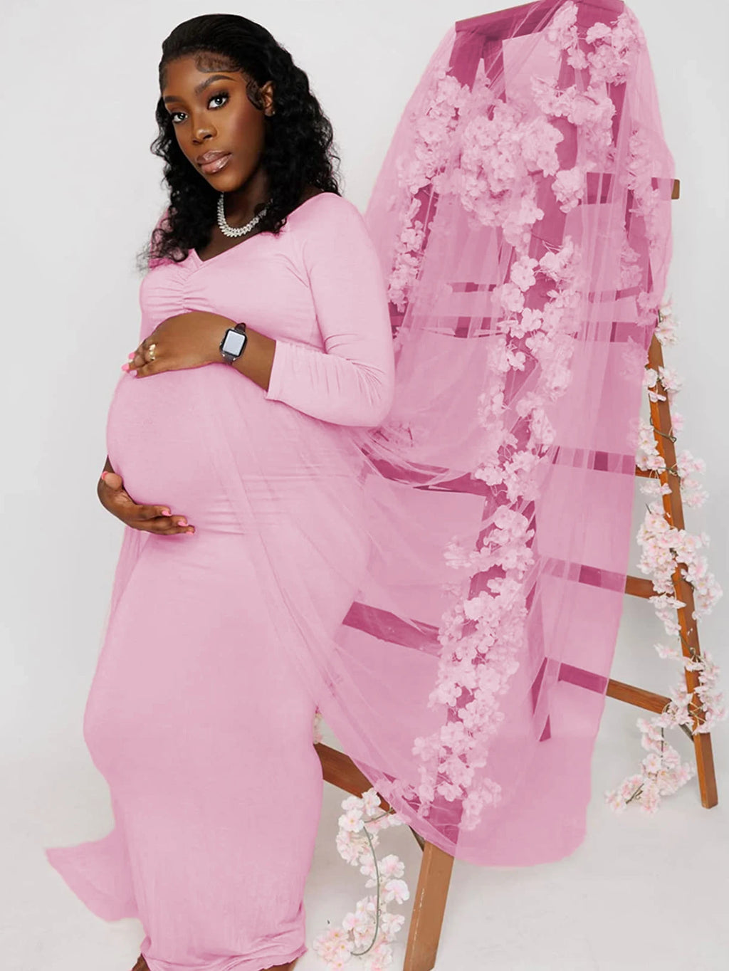 Maternity Long Sleeves Floor Length Mesh Dress Pregnant Dress With Long Train For Shooting Baby Baptism Party