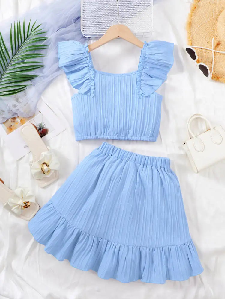 Children's Summer Set Flying Sleeve Solid color Top and Irregular Design Dress Fashion Set Suitable for Girls Aged 8-11 Years