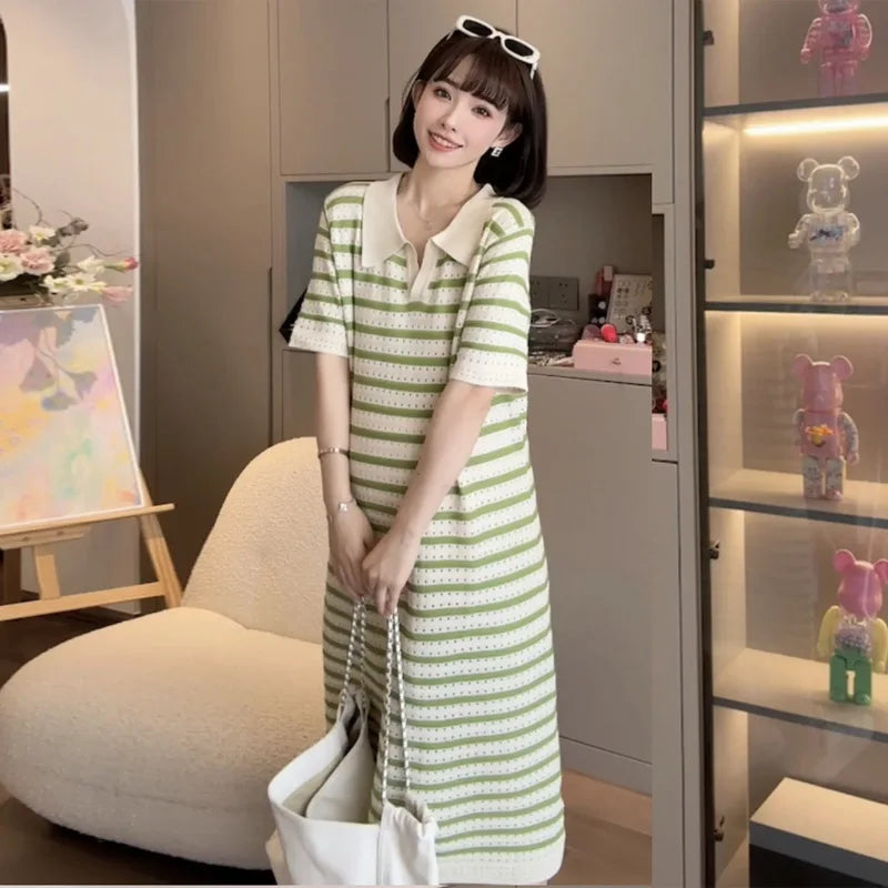 Summer Postpartum Woman Breastfeeding Dresses Short Sleeve Turn-down Collar Hollow Out Striped Maternity Straight Nursing Dress