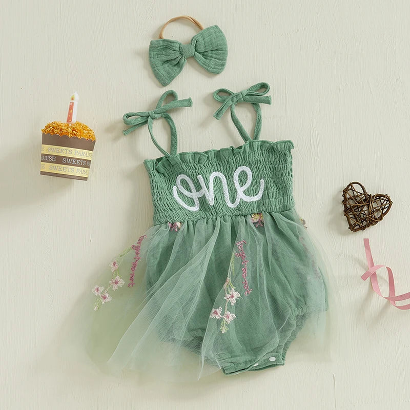 Newborn Baby Girl 1st Birthday Outfits Summer Cute Sleeveless Tie Strap Tulle Bodysuit Dress with Headband Set Infants Clothes