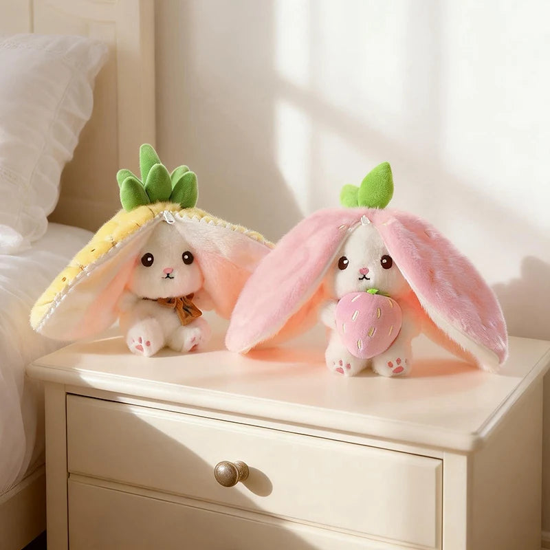 Hot Cute Fruit Bunny Plush Toy Creative Durian Pineapple Carrot Strawberry Turn Into Rabbit Soft Doll Birthday Christmas Gift