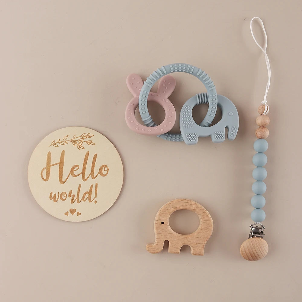 Baby Elephant & Bunny Teether Gift Set – 4 Piece Silicone Pacifier & Wooden Milestone Set