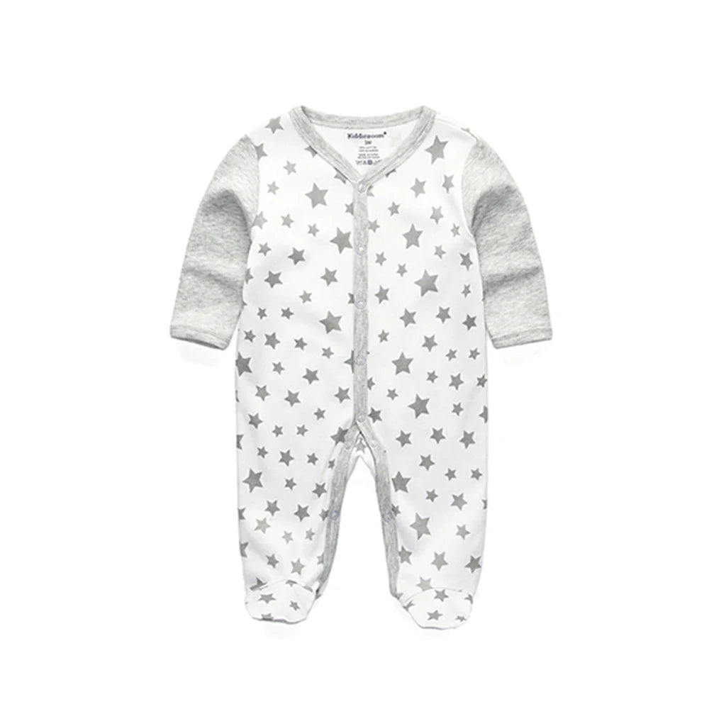 Kiddiezoom Fashion Grey Star Print Unisex Long Sleeve Baby Boy Girl Rompers Soft 100%Cotton Newborn Jumpsuits Infants Clothing