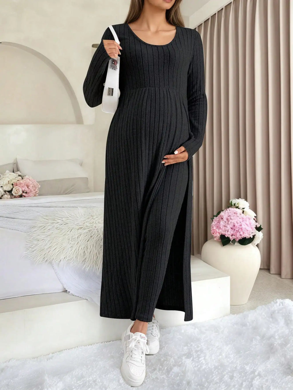 Maternity Women's Two Piece Sets and Outfits Long Sleeve Soft Ribbed Longline Casual Home Lounge Pants Set