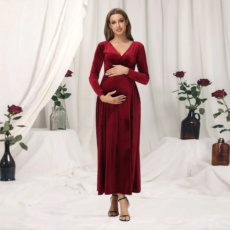 Maternity Photography Dress Velvet Long Sleeves V-Neck High Waist Gown For Wedding  Baby Shower Photo Shoot
