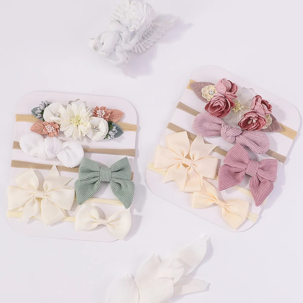 Sweet Elastic Headbands for Baby Girl New Bowknot Knit Nylon Headbands 5Pcs/set Pretty Flower Hairbands Decoration Headwear