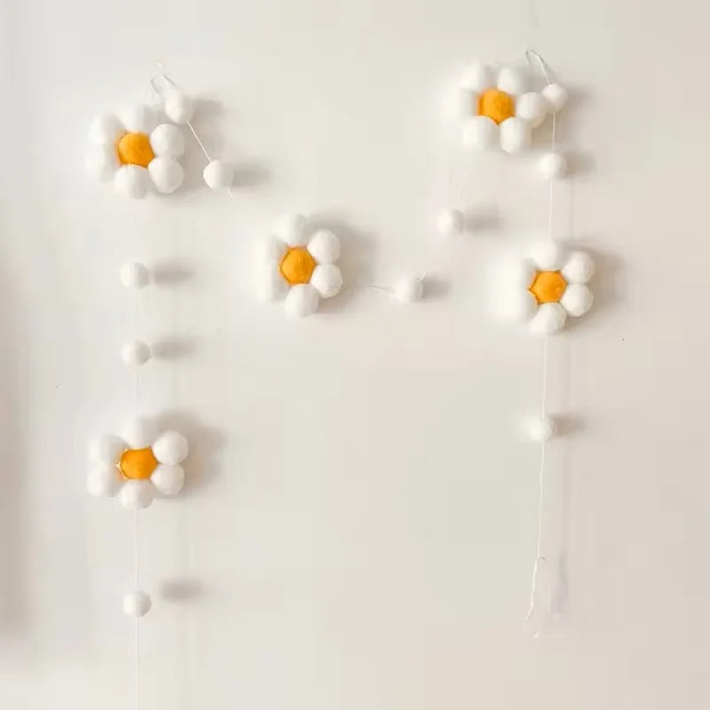 Nordic Style Handmade Pom-Pom Colorful Daisy Flower Garland for Decoration, Shelf Decoration, Wall Hanging Pom-Pom Pink Daisy Wreath, Holiday, Christmas, Wedding, Thanksgiving, Wall Decoration Garland, Tent Curtain Dec - Baby World SA