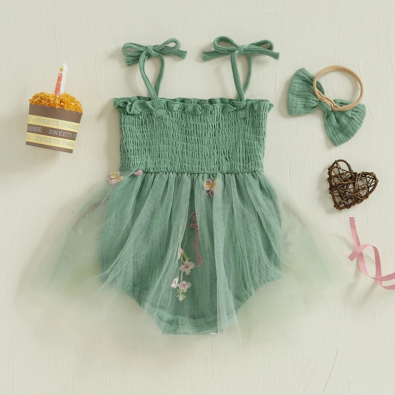 Newborn Baby Girl 1st Birthday Outfits Summer Cute Sleeveless Tie Strap Tulle Bodysuit Dress with Headband Set Infants Clothes