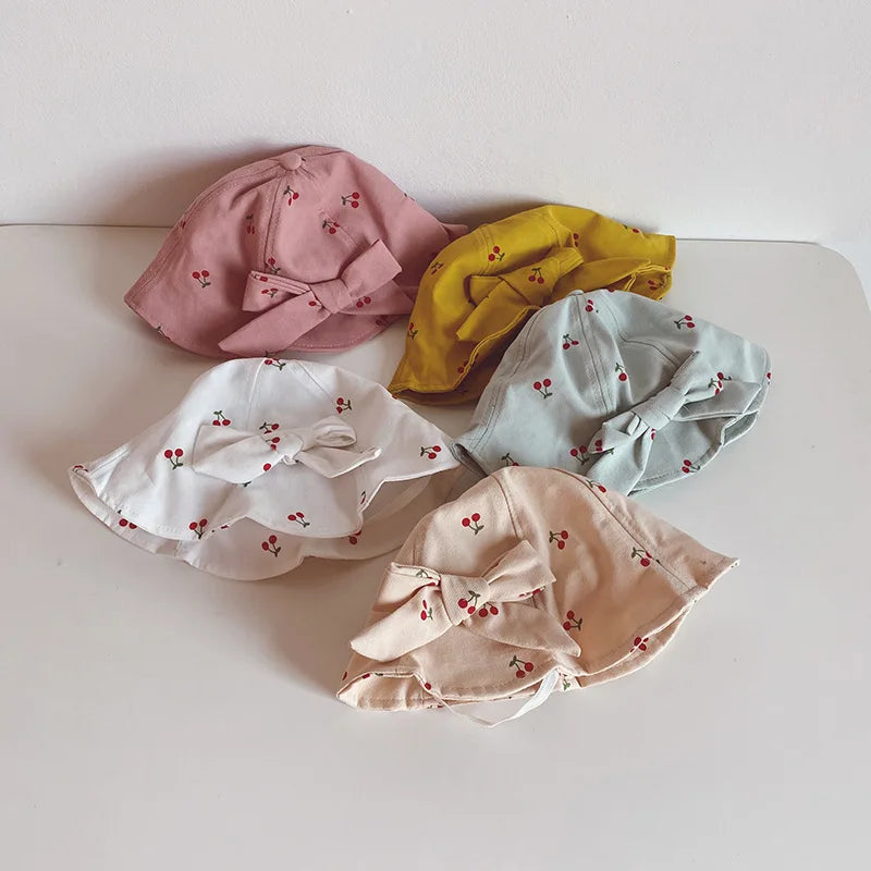Cute Bowknot Baby Fisherman Hat Cherry Print Infant Bucket Cap 6-36Month Girls Kids Sunshade Visors Outdoor Children Basin Caps