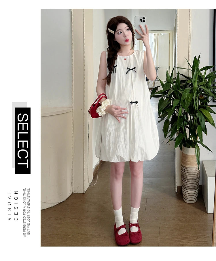 Korean Style Maternity Mini Dress Sleeveless White Pregnant Woman Bud Dress Fashion Short Lady Loose Fashion Dress with Bowknot