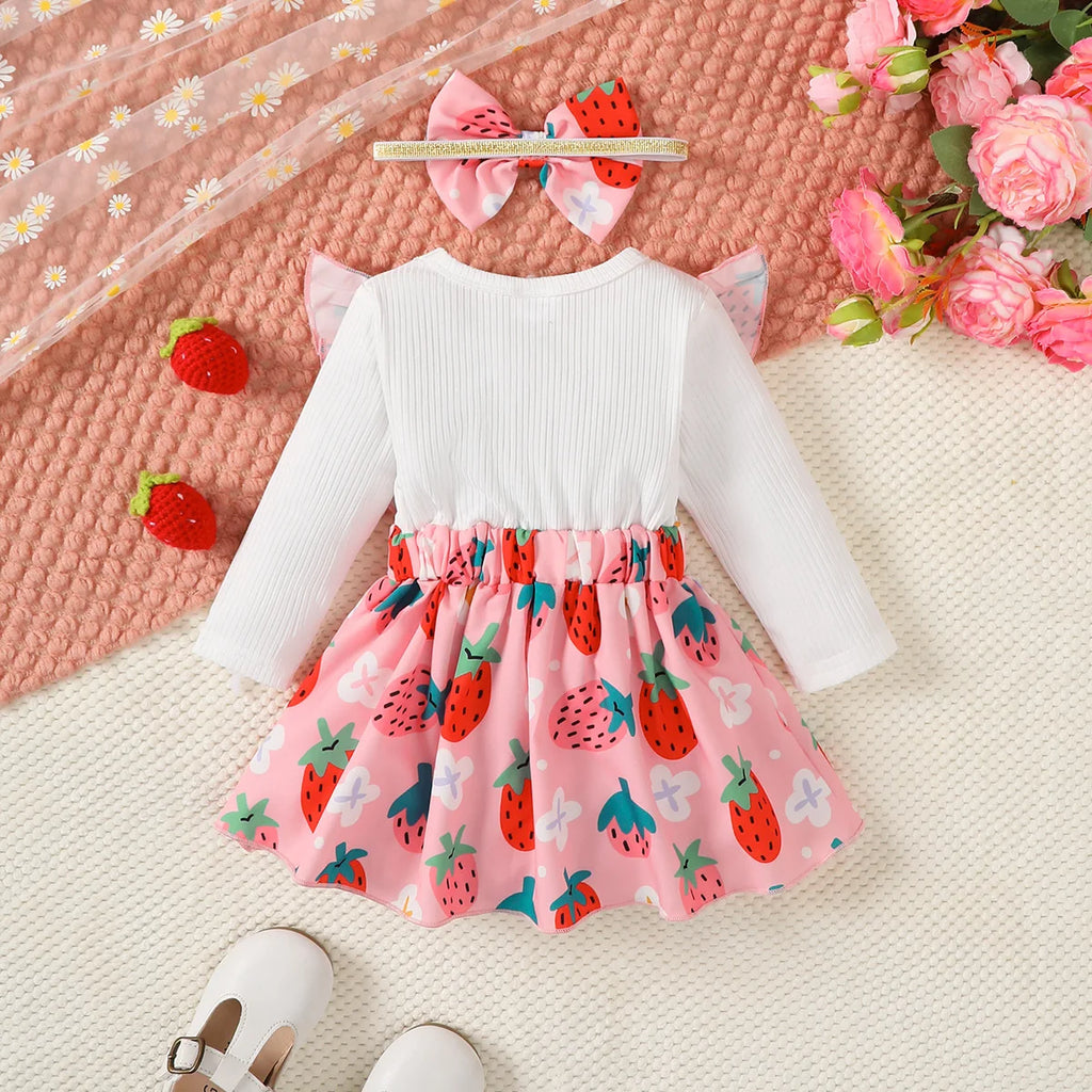 2Pc/Set Baby girl Dress  Ruffled Strawberry Print long sleeved Dress suitable Cute Baby girl 0-24 Months Spring and autumn Dress