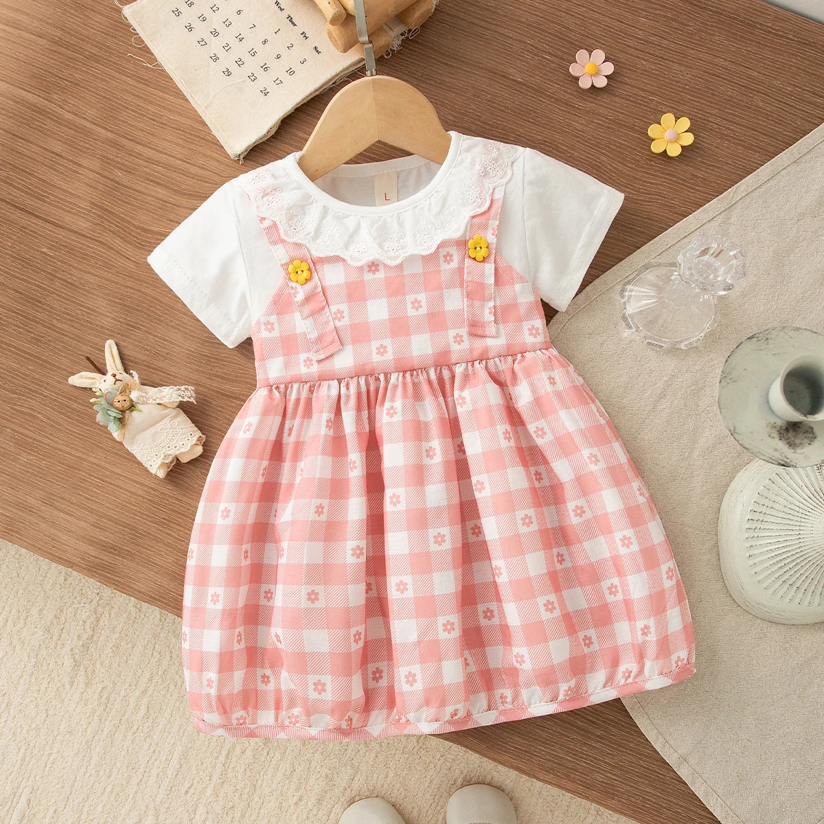 Summer New Sweet Fake Two Piece Baby Girl Dress, Cute Checkered Small Floral Children'S Clothing (3-18 Months)