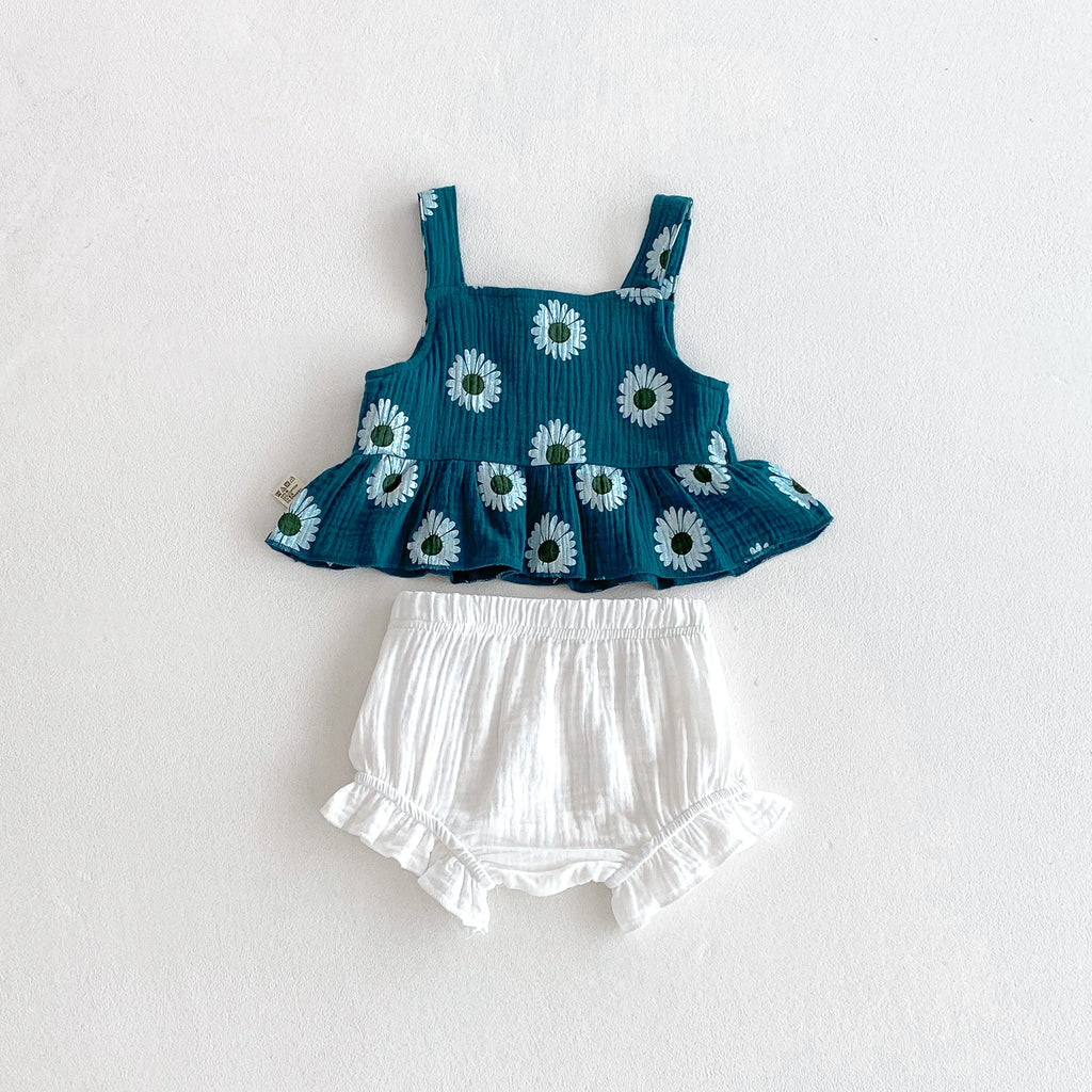 Summer Baby Girl's Daisy Printed Suspenders Top + Lace Shorts Set - Sweet Printed 2-Piece Set