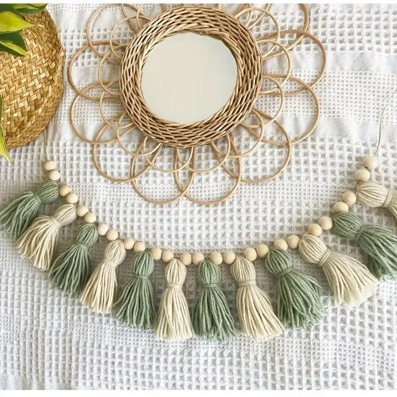 Ins Bohemian Green and White Wooden Bead Tassel Garland Sage Series Wooden Bead Tassel Banner Fireplace Decoration Home Wall Hanging Decoration Sage