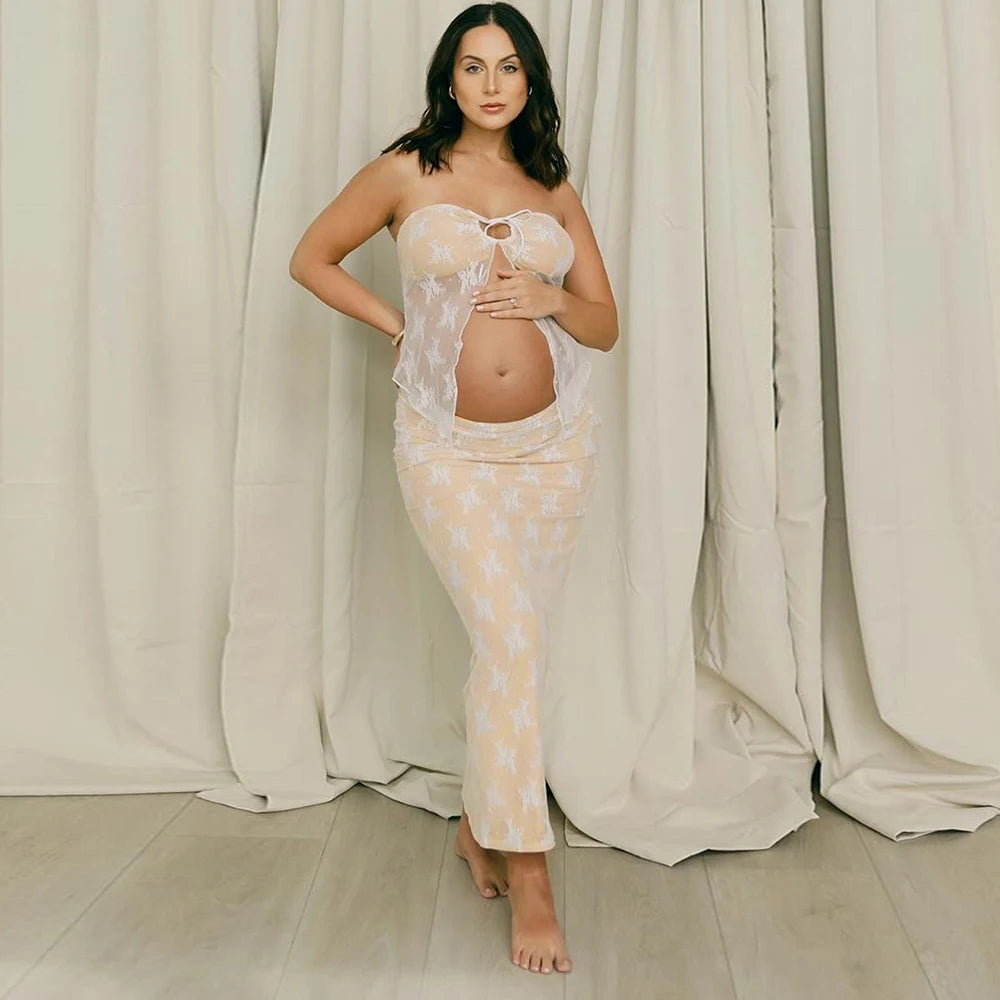 Maternity Lace Splicing Wrap Chest Sexy Long Dress Women Slim See-through Strapless Dress Two-Piece Suit For Pregnant Photograph