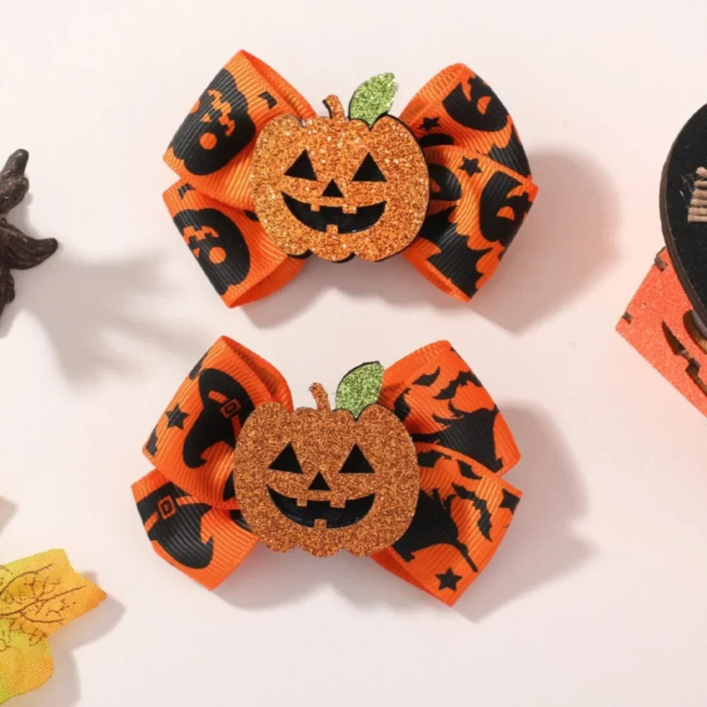 2Pcs/Set Halloween Hair Accessories for Kids Girls - Ribbon Bow Hairpin Ghost Pumpkin Bat Hair Clips for Party Decoration