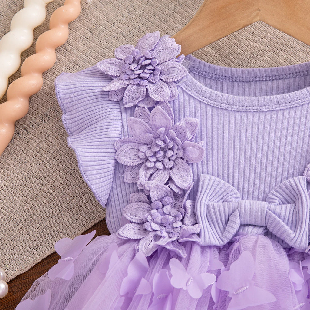 Summer Fashion Solid Color Toddler Princess Fairy Dress Korean Style Sweet Pink Bow Birthday Party Baby Girl Butterfly Dress