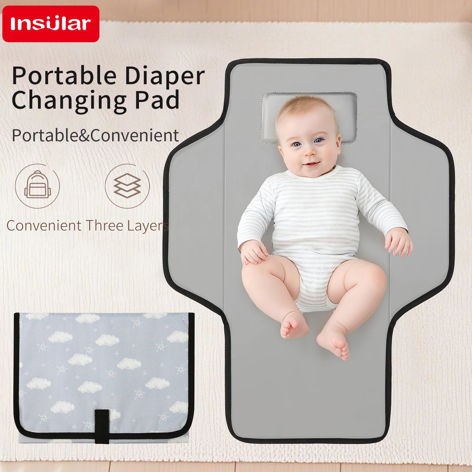 Portable Baby Diaper Mat Foldable Waterproof Cushion Multifunctional Changing Pad Travel Easy Storage Polyester Fiber
