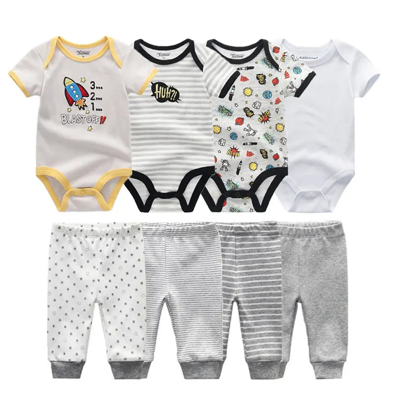 8-Piece Cartoon Baby Bodysuits and Pants Cotton Newborn Unisex Short Sleeve Onesies Trousers 0-12 Months