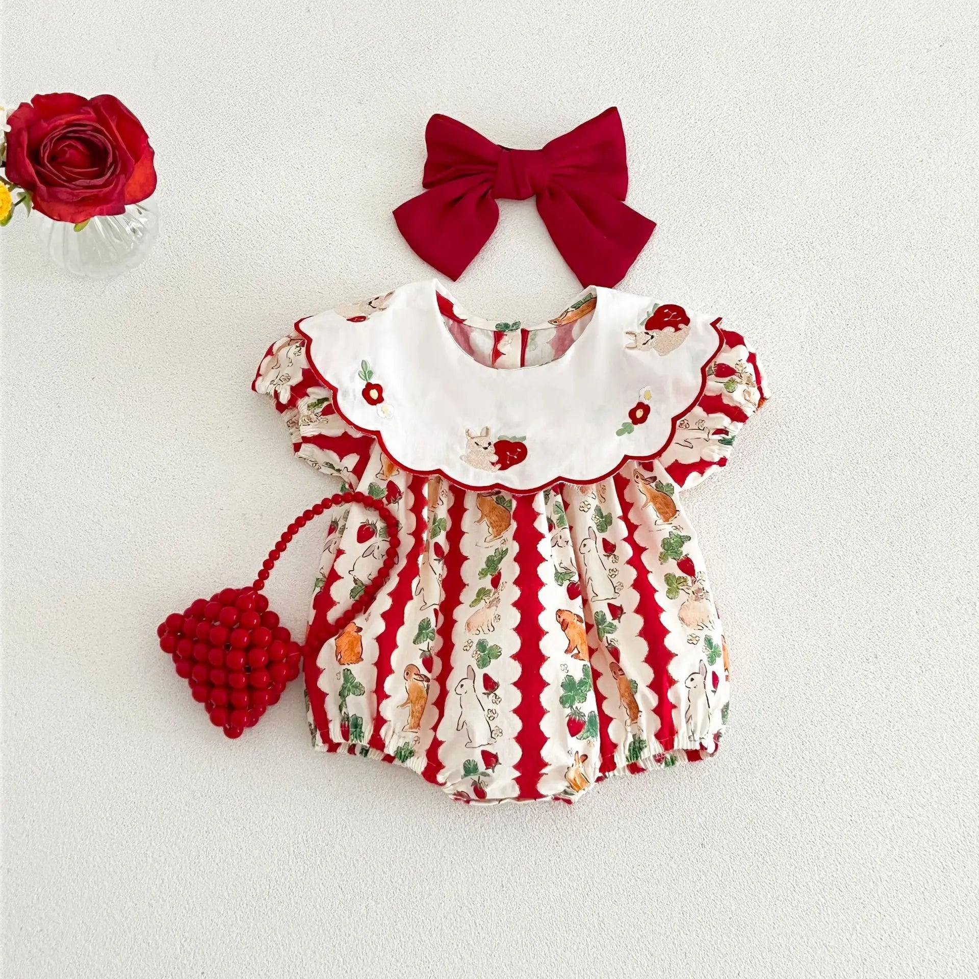 insBaby Girl Rabbit Cartoon Print Embroidered Collar Romper Infant Toddler Sweet Summer Short Sleeve Jumpsuit