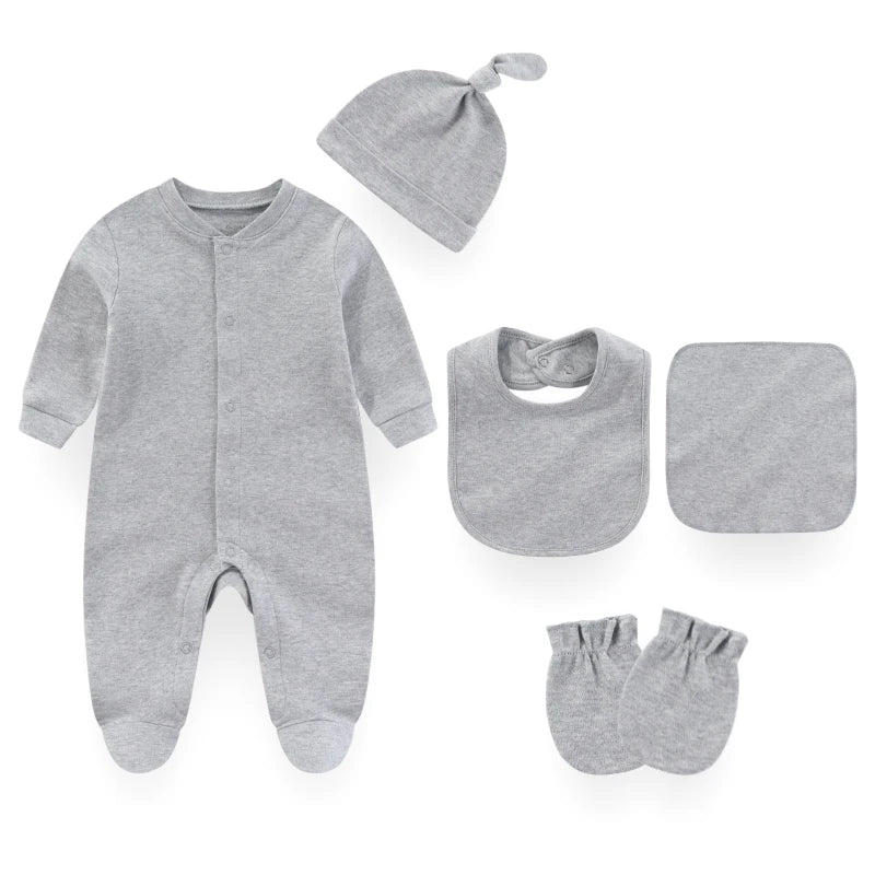 Kiddiezoom 7 Colors Solid Newborn Unisex Baby Clothes Set Rompers Burp Cloth Bib Hats Gloves 100 Percent Cotton
