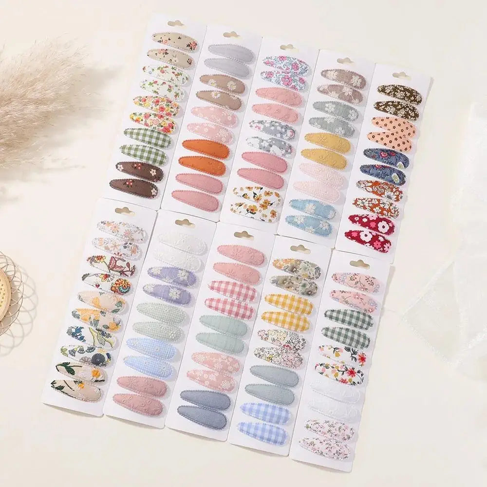 20 Pcs/Set Ins Flower Print Cotton Alloy Bow Hair Snap Clips Set Fabric Chess Baby Clamps Girls Headdress