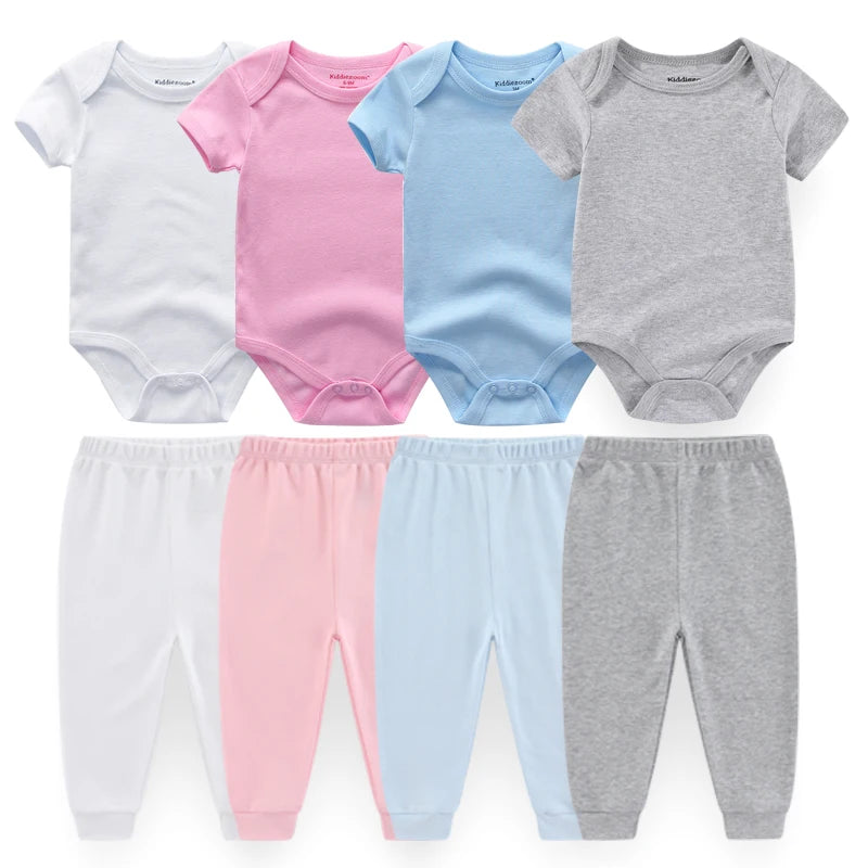 2 Pieces Baby Unisex Clothing Set 100%Cotton Solid Color Newborn Boy Girl Bodysuit+Pants Suits Short Sleeves Infant Outfits