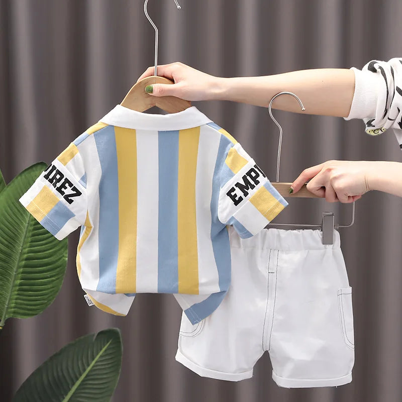 ‌New Boys Cotton Striped Shorts Set 2-Piece Summer Outfit Fashion Short Sleeve Casual Playwear Stylish Kids Clothing‌